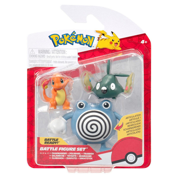 Pokemon - komplet 3 figurek - Charmander, Poliwhirl i Trubbish